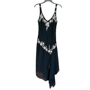 R & M Richards Dress 12 Black Embroidered Beaded Asymmetric Whimsygoth Gatsby